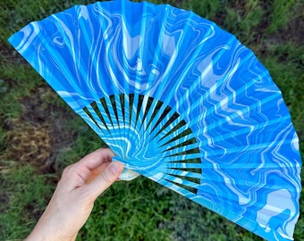 Blue Marbled Hand Fan – HANDMADE Folding Travel Gift, Decorative Beach Holiday Vacation Fan, Unique Ocean Wave Trippy Festival, Hand Painted