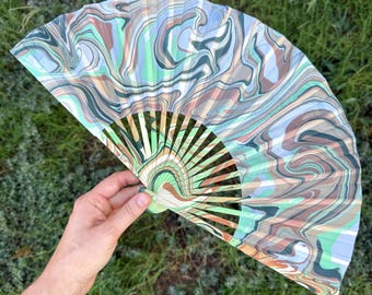 Earthy Marbled Hand Fan – HANDMADE Folding Travel Gift, Decorative Neutral Natural Vacation Fan, Unique Trippy Cool Portable Festival Fan