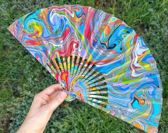Colorful Marbled Hand Fan, HANDMADE Folding Travel Gift, Decorative Multicolor Trippy Rainbow Painted Statement Festival Concert Accessory