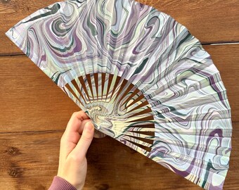 Earthy Marbled Hand Fan – HANDMADE Folding Travel Gift, Decorative Neutral Natural Vacation Fan, Unique Trippy Cool Portable Festival Fan