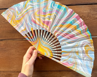 Pastel Marbled Hand Fan, HANDMADE Folding Travel Gift, Colorful Decorative Cooling Fan, Cute Swirly Portable Concert Festival Statement Fan