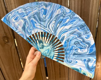 Blue Marbled Hand Fan – HANDMADE Folding Travel Gift, Decorative Beach Holiday Vacation Fan, Unique Ocean Wave Trippy Festival, Hand Painted