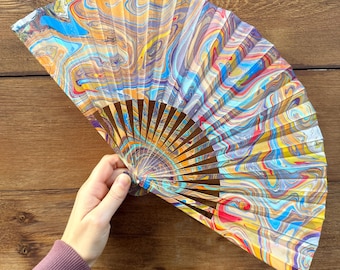 Colorful Marbled Hand Fan, HANDMADE Folding Travel Gift, Decorative Hand Painted Concert Fan, Multicolor Trippy Statement Festival Accessory