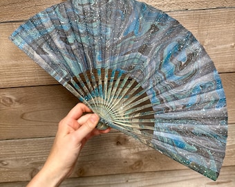 Marbled Galaxy Star Hand Fan, HANDMADE Folding Travel Gift, Decorative Space Universe Constellations Painted Festival Concert Accessory