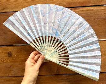 Light Blue Marbled Hand Fan – HANDMADE Folding Travel Fan, Decorative Ocean Beach Vacation Gift, Unique Trippy Festival Fan, Sky Pastel Fan