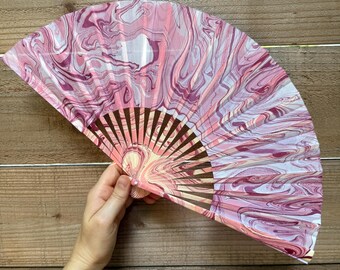 Pink Marbled Hand Fan, Cute HANDMADE Folding Lightweight Travel Gift, Decorative Cooling Fan, Colorful Rose Festival, Feminine Mother Gift