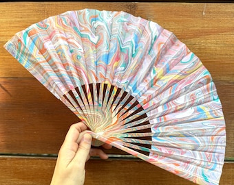 Pastel Marbled Hand Fan, Folding Lightweight Travel Vacation Gift, Fun Colorful Decorative Cooling Painted Trippy Festival Concert Accessory