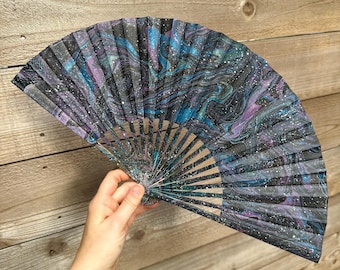 Marbled Galaxy Star Hand Fan, HANDMADE Folding Travel Gift, Decorative Space Universe Constellations Painted Festival Concert Accessory