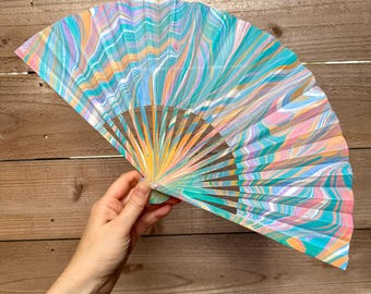 Pastel Aqua Marbled Hand Fan, HANDMADE Folding Travel Gift, Colorful Decorative Cooling Fan, Vibrant Cute Trippy Festival Fan Accessory