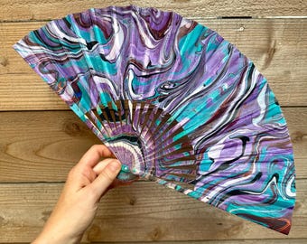 Colorful Jewel Marbled Hand Fan, HANDMADE Folding Travel Gift, Decorative Multicolor Rainbow Painted Statement Festival Concert Accessory