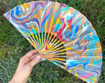 Colorful Marbled Hand Fan, HANDMADE Folding Travel Gift, Decorative Multicolor Trippy Rainbow Painted Statement Festival Concert Accessory