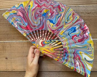 Colorful Marbled Hand Fan, HANDMADE Folding Travel Gift, Decorative Hand Painted Concert Fan, Multicolor Trippy Statement Festival Accessory