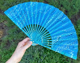 Aqua Blue Marbled Hand Fan – HANDMADE Folding Travel Gift, Decorative Cooling Poolside Beach Vacation Gift, Unique Festival Accessory