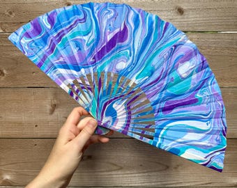Purple Blue Aqua Hand Fan – HANDMADE Folding Travel Gift, Decorative Beach Holiday Vacation Fan, Unique Ocean Wave Festival Fan Accessory