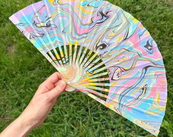 Pastel Marbled Hand Fan, HANDMADE Folding Travel Gift, Colorful Decorative Cooling Fan, Cute Swirly Portable Concert Festival Statement Fan