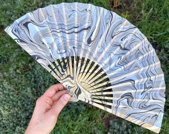 Earthy Marbled Hand Fan – HANDMADE Folding Travel Gift, Decorative Neutral Natural Vacation Fan, Unique Trippy Cool Portable Festival Fan