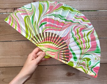 Pink Green Marbled Hand Fan, Cute HANDMADE Folding Lightweight Travel Gift, Decorative Cooling Fan, Colorful Bright Spring Wicked Festival