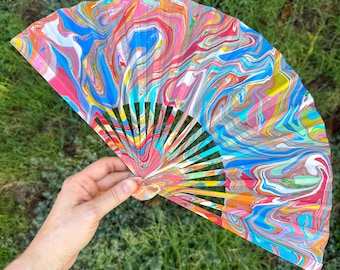 Colorful Marbled Hand Fan, HANDMADE Folding Travel Gift, Decorative Multicolor Trippy Rainbow Painted Statement Festival Concert Accessory