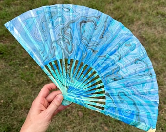 Blue Marbled Hand Fan – HANDMADE Folding Travel Gift, Decorative Beach Holiday Vacation Fan, Unique Ocean Wave Trippy Festival, Hand Painted
