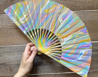 Pastel Aqua Marbled Hand Fan, HANDMADE Folding Travel Gift, Colorful Decorative Cooling Fan, Vibrant Cute Trippy Festival Fan Accessory
