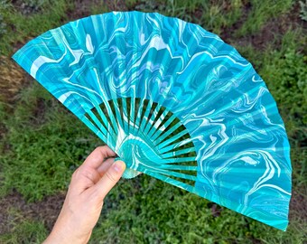 Aqua Turquoise Marbled Hand Fan – HANDMADE Folding Travel Gift, Decorative Cooling Poolside Beach Vacation Gift, Unique Festival Accessory