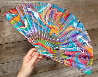 Colorful Marbled Hand Fan, HANDMADE Folding Travel Gift, Decorative Multicolor Trippy Rainbow Painted Statement Festival Concert Accessory