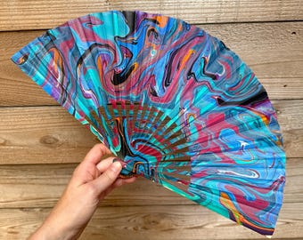 Colorful Jewel Marbled Hand Fan, HANDMADE Folding Travel Gift, Decorative Multicolor Rainbow Painted Statement Festival Concert Accessory