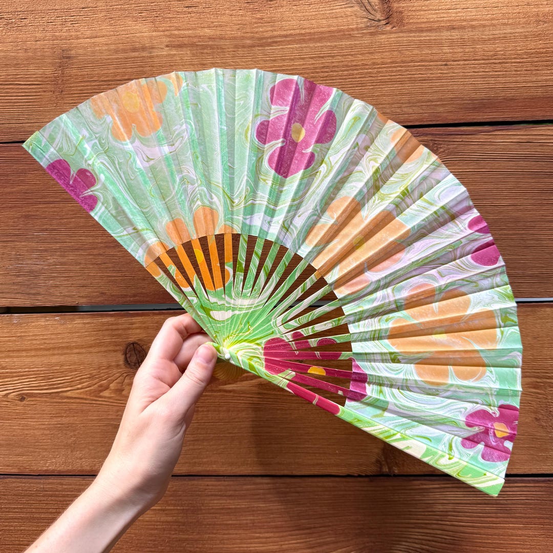 Pastel Flowers Marbled Hand Fan, Folding Lightweight Travel Vacation ...