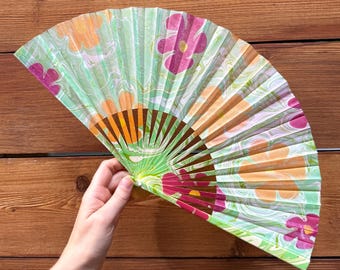 Pastel Flowers Marbled Hand Fan, Folding Lightweight Travel Vacation Gift, Fun Groovy Cooling Painted Trippy Festival Concert Fan Accessory
