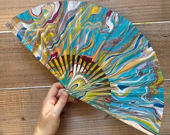 Colorful Marbled Hand Fan, HANDMADE Folding Travel Gift, Decorative Multicolor Trippy Rainbow Painted Statement Festival Concert Accessory