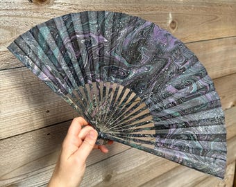 Marbled Galaxy Star Hand Fan, HANDMADE Folding Travel Gift, Decorative Space Universe Constellations Painted Festival Concert Accessory