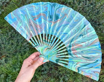 Earthy Marbled Hand Fan – HANDMADE Folding Travel Gift, Decorative Neutral Natural Vacation Fan, Unique Trippy Cool Portable Festival Fan