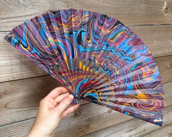 Colorful Jewel Marbled Hand Fan, HANDMADE Folding Travel Gift, Decorative Multicolor Rainbow Painted Statement Festival Concert Accessory