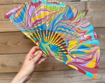 Rainbow Marbled Hand Fan, HANDMADE Folding Travel Gift, Decorative Multicolor Trippy Circus Painted Statement Festival Concert Accessory