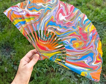 Colorful Marbled Hand Fan, HANDMADE Folding Travel Gift, Decorative Multicolor Trippy Rainbow Painted Statement Festival Concert Accessory