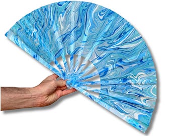 Blue Swirl Marbled Clack Fan, Handmade Festival Rave Accessory, Large Folding Line Dancing Hand Fan