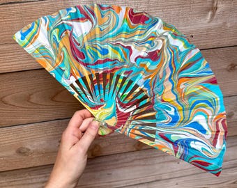 Colorful Aqua Marbled Hand Fan, HANDMADE Folding Travel Gift, Decorative Multicolor Trippy Rainbow Painted Festival Concert Accessory