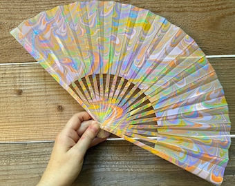 Pastel Marbled Hand Fan, HANDMADE Folding Travel Gift, Fun Decorative Cooling Pride Festival Fan, Cute Colorful Trippy Festival Accessory