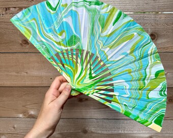 Aqua Blue Green Marbled Hand Fan – HANDMADE Travel Gift, Decorative Poolside Tropical Beach Vacation, Unique Festival Fan Pool Accessory