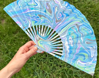 Blue Green Marbled Hand Fan, HANDMADE Folding Travel Gift, Colorful Decorative Cooling Fan, Unique Trippy Vacation Festival Fan, Mothers Day