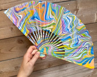 Colorful Marbled Hand Fan, HANDMADE Folding Travel Gift, Decorative Multicolor Trippy Rainbow Pride Statement Festival Concert Accessory