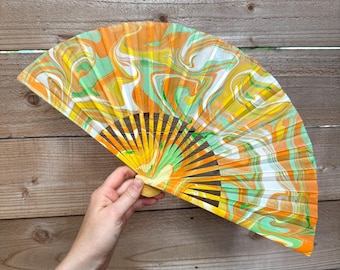 Tropical Green Orange Marbled Hand Fan, HANDMADE Folding Travel Gift, Decorative Hand Painted Concert Fan, Trippy Happy Festival Accessory