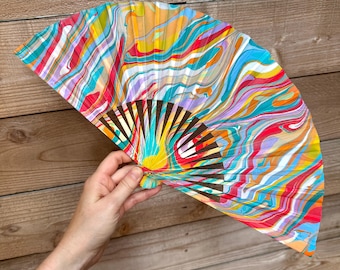 Colorful Marbled Hand Fan, HANDMADE Folding Travel Gift, Decorative Multicolor Trippy Rainbow Painted Statement Festival Concert Accessory