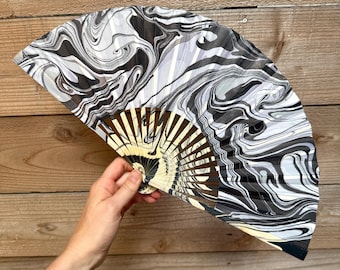 Black White Marbled Hand Fan – HANDMADE Folding Travel Gift, Decorative BW Gray Neutral Vacation Fan, Unique Trippy Cool Small Festival Fan