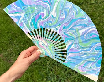 Aqua Blue Purple Pastel Marbled Hand Fan – HANDMADE Folding Travel Gift, Decorative Cooling Beach Vacation Gift, Unique Festival Accessory