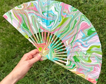 Pink Green Aqua Marbled Hand Fan, Cute HANDMADE Folding Lightweight Travel Gift, Decorative Cooling Fan, Colorful Bright Summer Festival