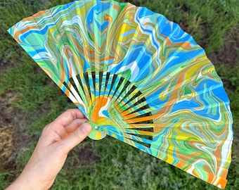 Tropical Orange Blue Marbled Hand Fan, HANDMADE Folding Travel Gift, Decorative Hand Painted Concert Fan, Trippy Happy Festival Accessory