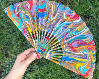 Colorful Marbled Hand Fan, HANDMADE Folding Travel Gift, Decorative Multicolor Trippy Rainbow Painted Statement Festival Concert Accessory