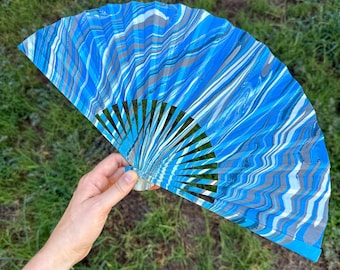 Blue Marbled Hand Fan – HANDMADE Folding Travel Gift, Decorative Beach Holiday Vacation Fan, Unique Ocean Wave Trippy Festival, Hand Painted