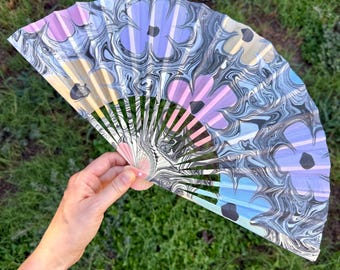 Pastel Flowers Marbled Hand Fan, Folding Lightweight Travel Vacation Gift, Fun Groovy Cooling Painted Trippy Festival Concert Fan Accessory